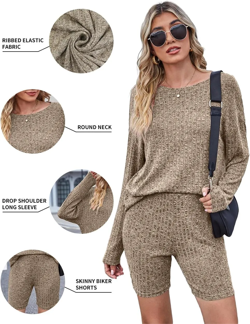 Womens Ribbed Knit Lounge Sets 2 Piece Long Sleeve T-shirt Bike Shorts Pajama Sets Stretchy Matching Outfits Loungewear