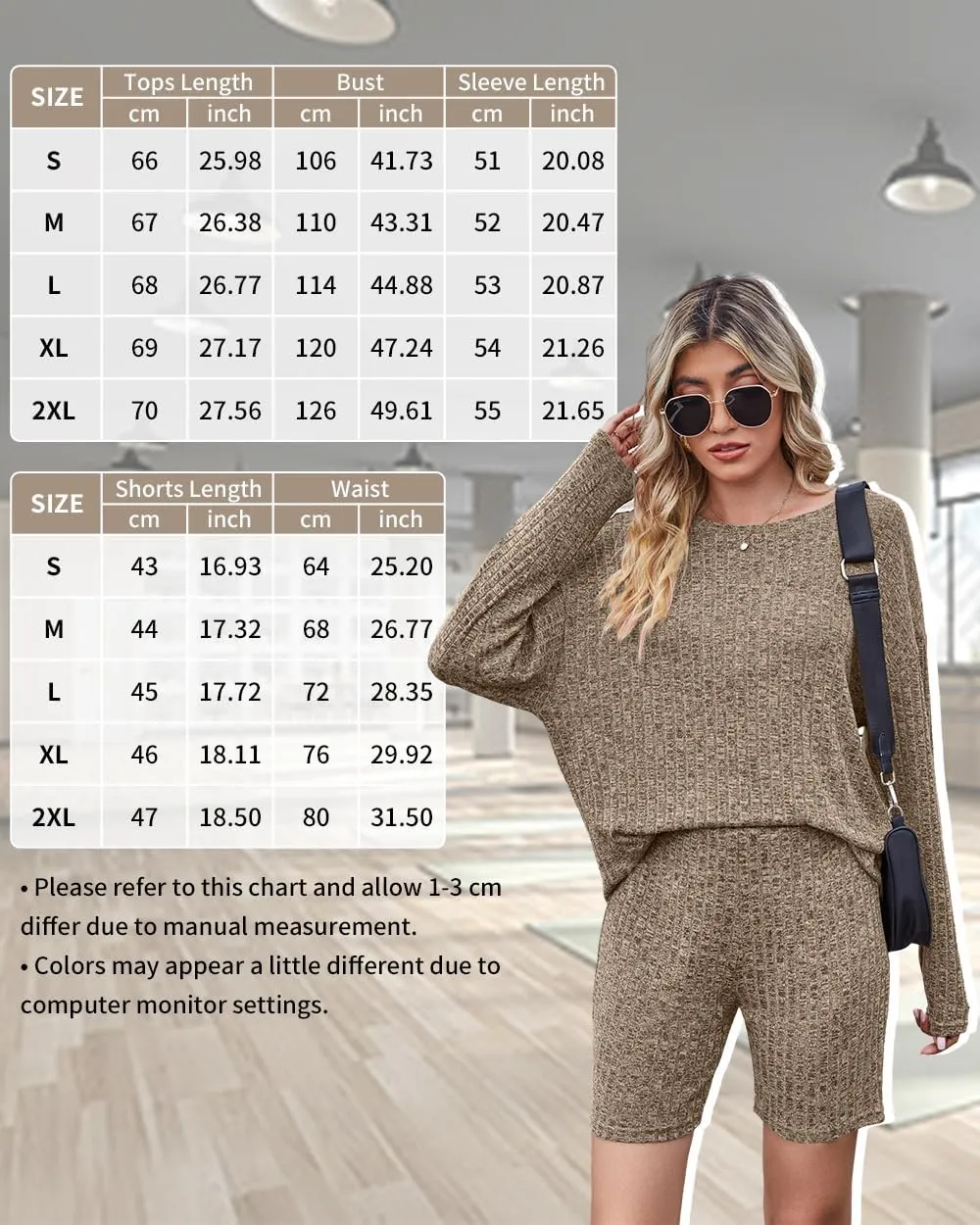 Womens Ribbed Knit Lounge Sets 2 Piece Long Sleeve T-shirt Bike Shorts Pajama Sets Stretchy Matching Outfits Loungewear