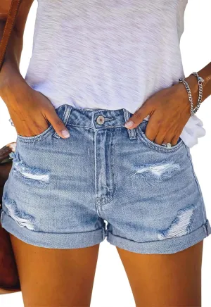 Women's Ripped High Waisted Denim Shorts Stretchy Cuffed Hem Jean Shorts
