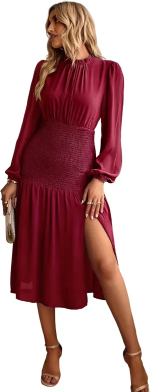 Women's Round Neck Long Sleeve Dress Solid Color Slit Ruffles Club Party Evening Dress