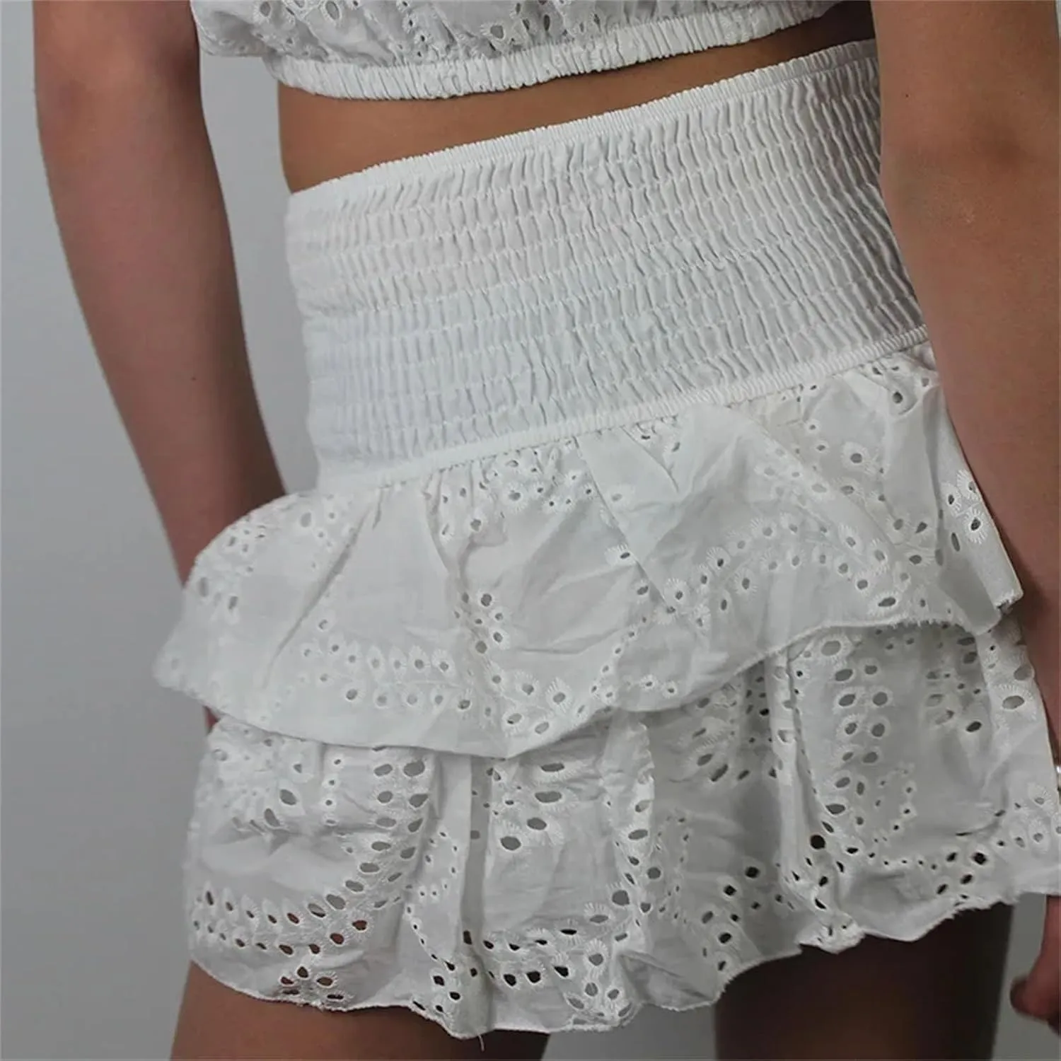 Women's Ruffle Layered Hollow Mini Skirts Summer Pleated Beach A Line Short Skirts