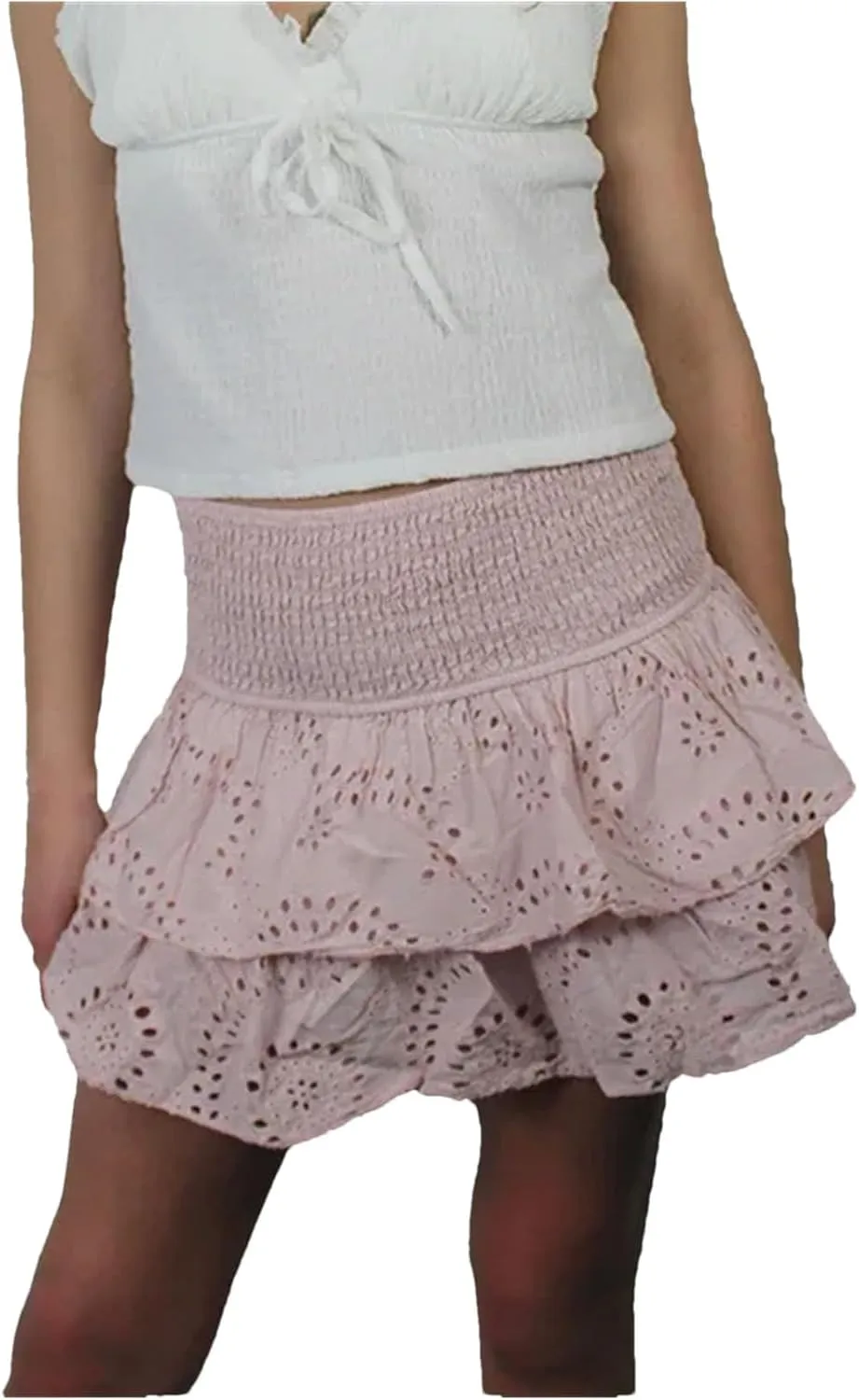 Women's Ruffle Layered Hollow Mini Skirts Summer Pleated Beach A Line Short Skirts