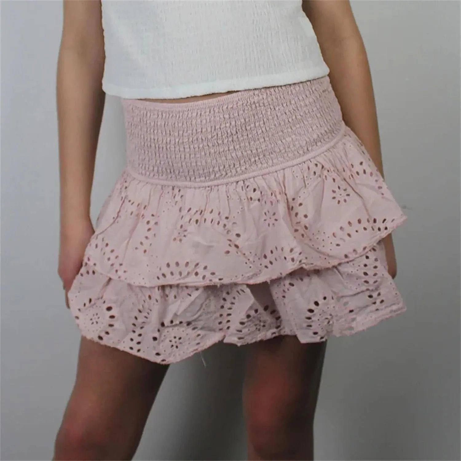 Women's Ruffle Layered Hollow Mini Skirts Summer Pleated Beach A Line Short Skirts