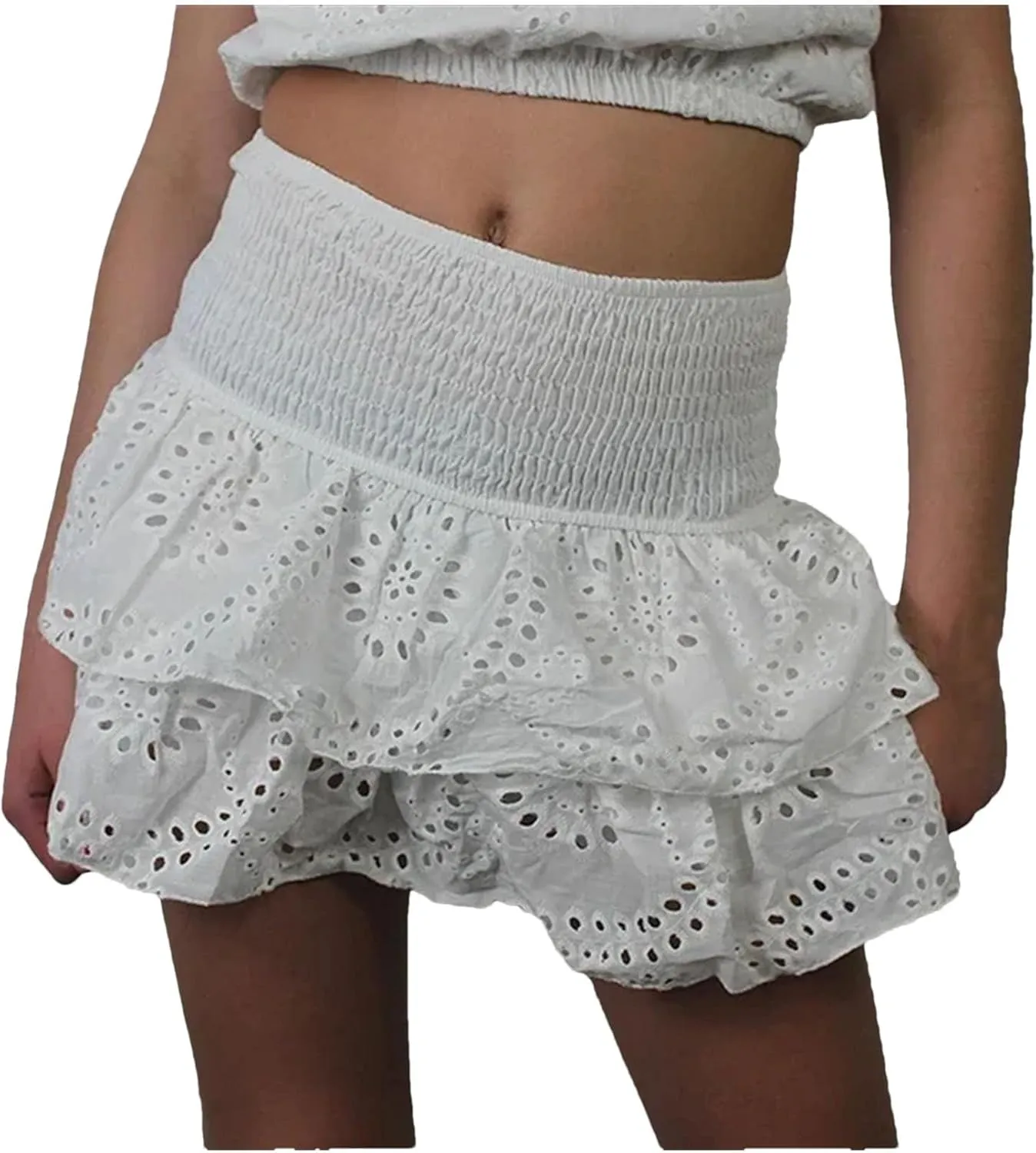 Women's Ruffle Layered Hollow Mini Skirts Summer Pleated Beach A Line Short Skirts