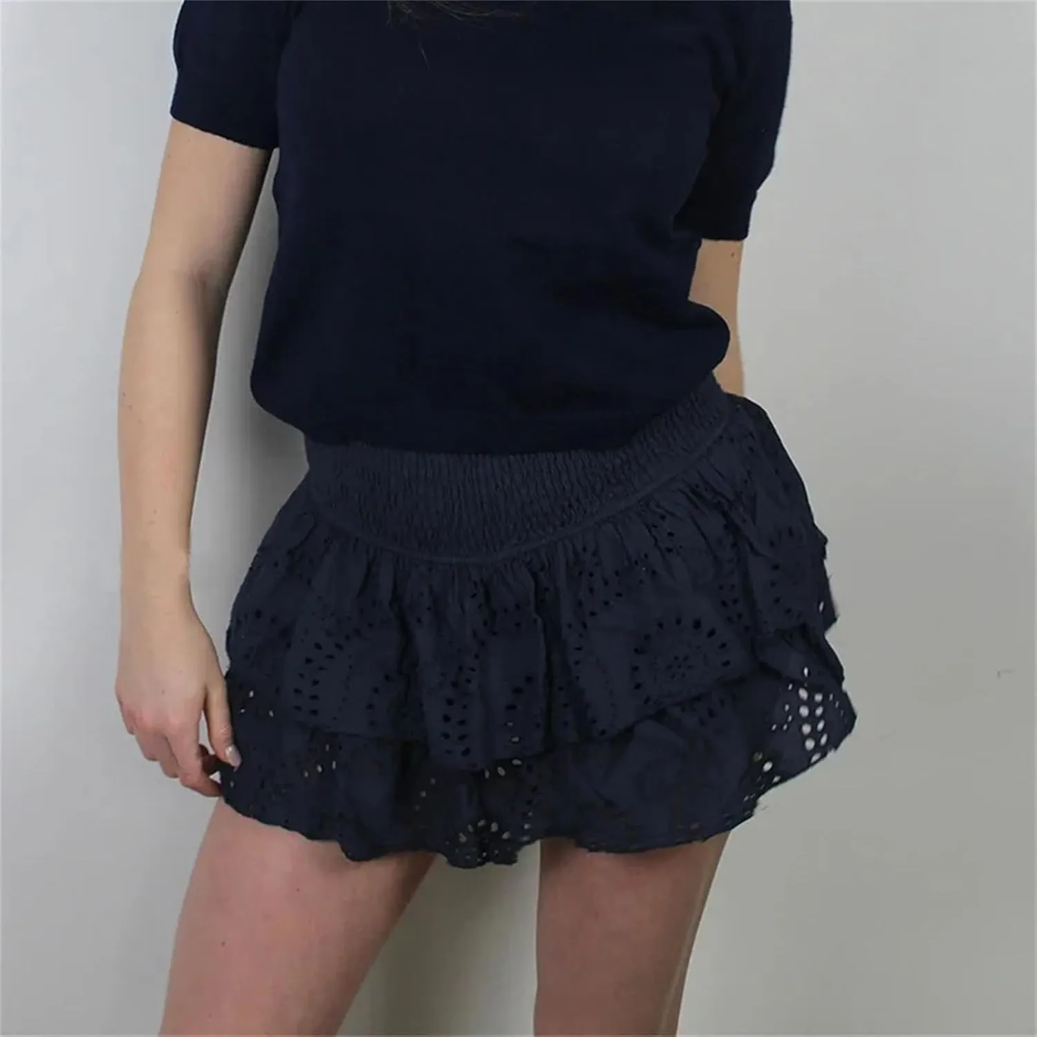 Women's Ruffle Layered Hollow Mini Skirts Summer Pleated Beach A Line Short Skirts