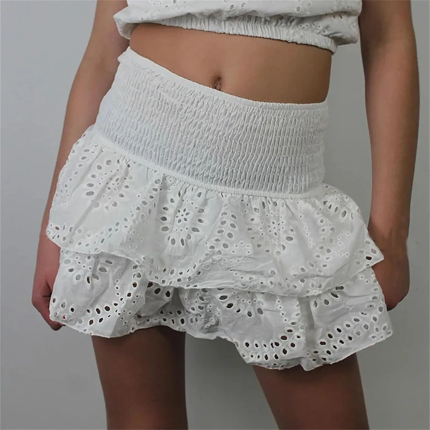 Women's Ruffle Layered Hollow Mini Skirts Summer Pleated Beach A Line Short Skirts