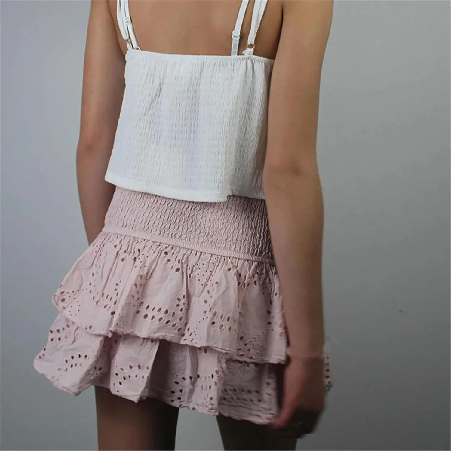 Women's Ruffle Layered Hollow Mini Skirts Summer Pleated Beach A Line Short Skirts