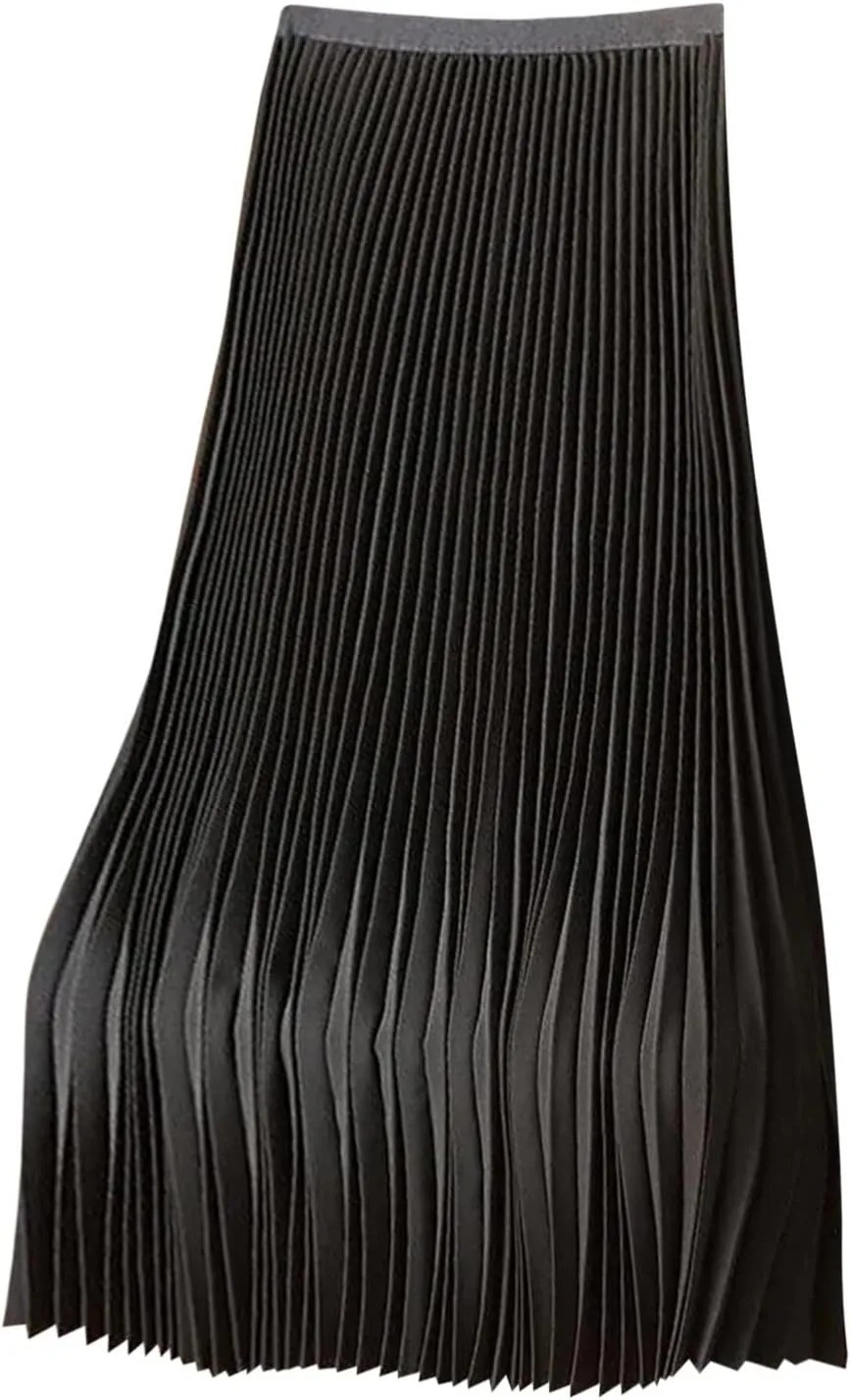 Womens Satin Flowy Swing Skirt Casual Plus Size Silk Pleated Long Skirts Comfy High Waist Pleated Maxi Skirt