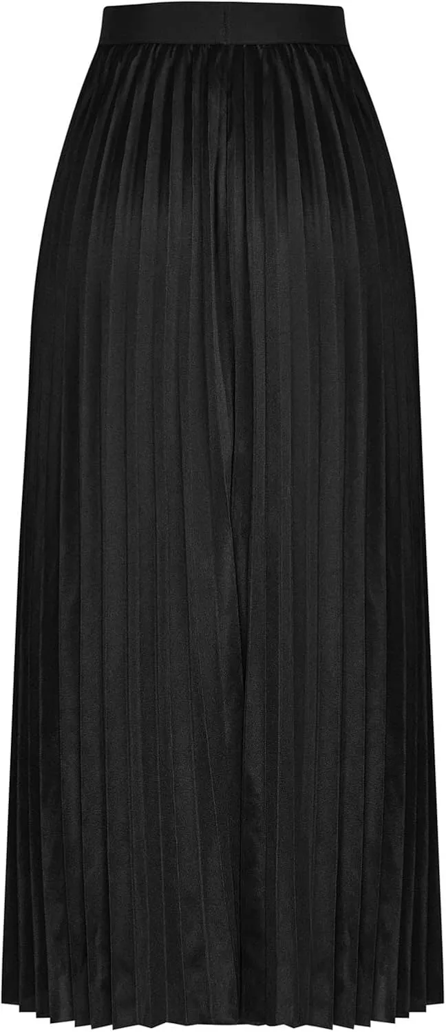 Womens Satin Flowy Swing Skirt Casual Plus Size Silk Pleated Long Skirts Comfy High Waist Pleated Maxi Skirt