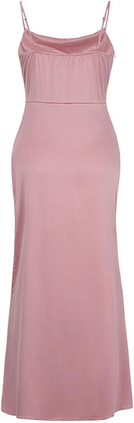 Women's Satin Silk Slip Dress Cowl Neck Backless Ruched Bodycon Dress Summer Sexy Casual Club Formal Long Midi Dresses