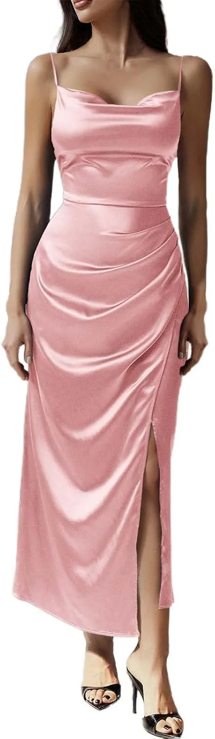 Women's Satin Silk Slip Dress Cowl Neck Backless Ruched Bodycon Dress Summer Sexy Casual Club Formal Long Midi Dresses