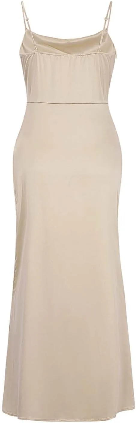 Women's Satin Silk Slip Dress Cowl Neck Backless Ruched Bodycon Dress Summer Sexy Casual Club Formal Long Midi Dresses