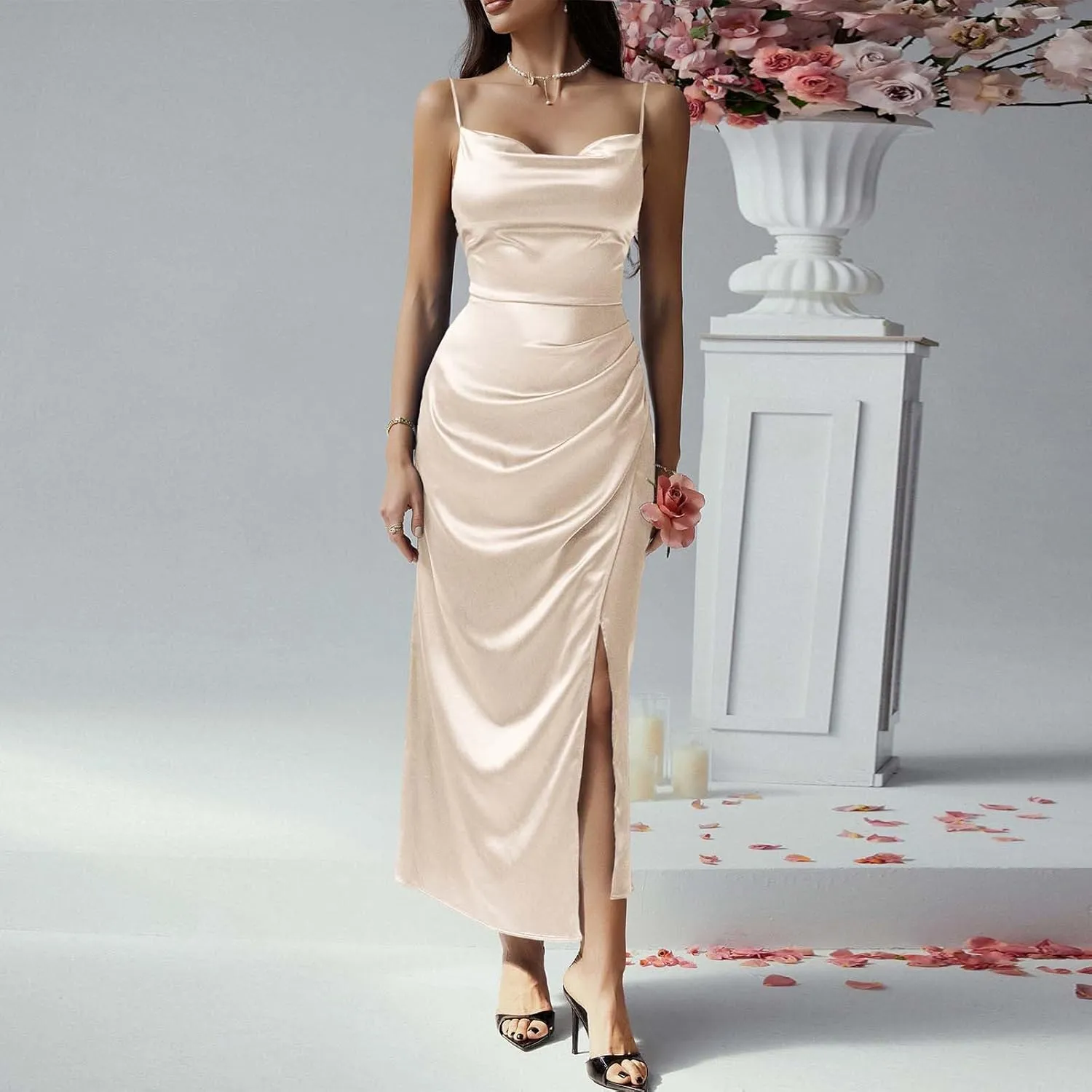 Women's Satin Silk Slip Dress Cowl Neck Backless Ruched Bodycon Dress Summer Sexy Casual Club Formal Long Midi Dresses