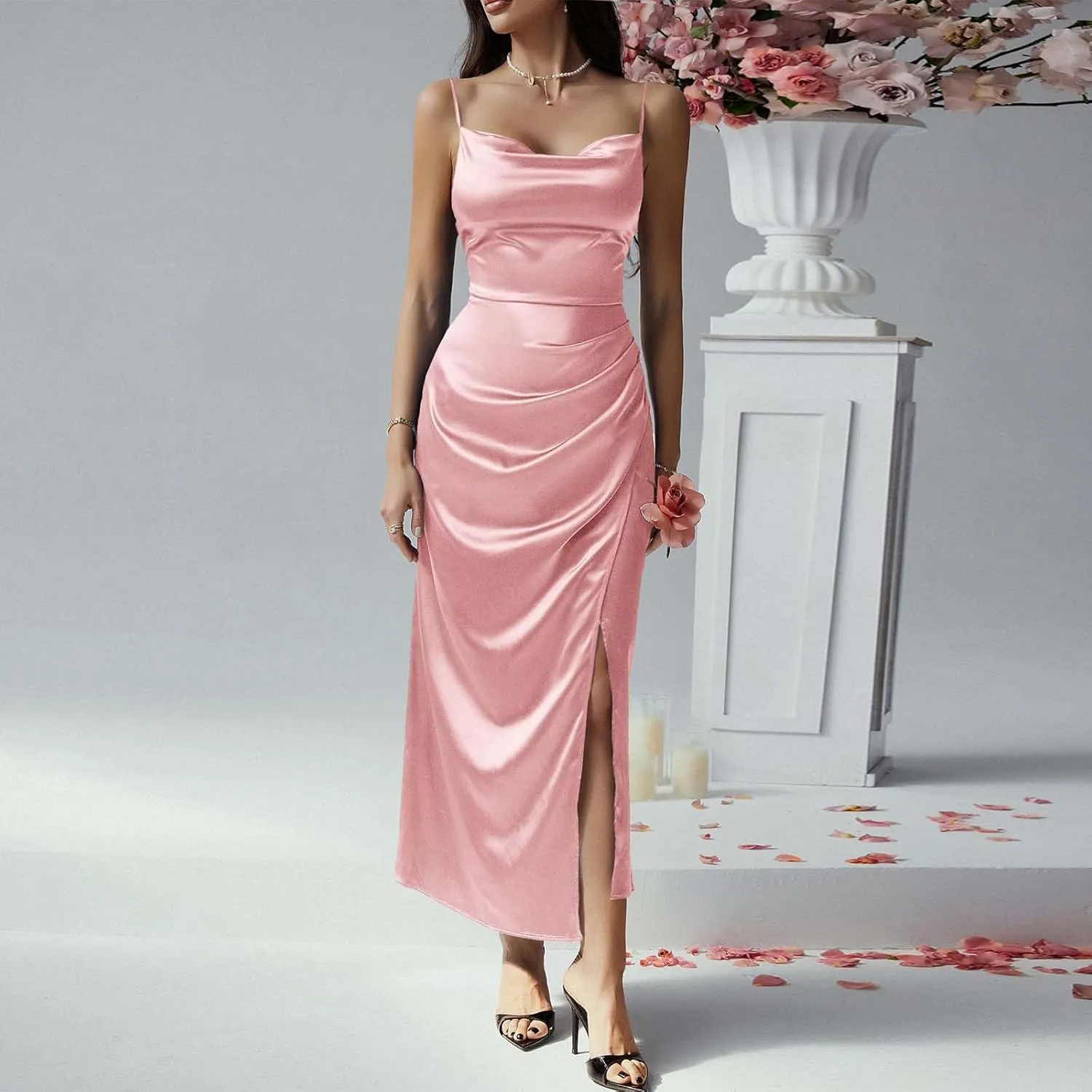 Women's Satin Silk Slip Dress Cowl Neck Backless Ruched Bodycon Dress Summer Sexy Casual Club Formal Long Midi Dresses