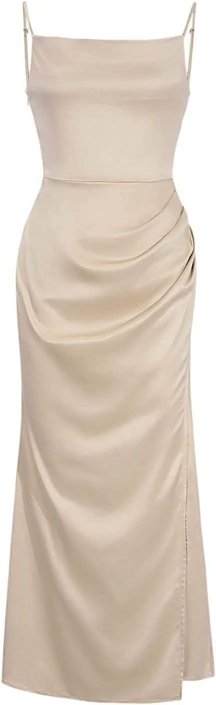 Women's Satin Silk Slip Dress Cowl Neck Backless Ruched Bodycon Dress Summer Sexy Casual Club Formal Long Midi Dresses