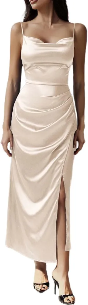 Women's Satin Silk Slip Dress Cowl Neck Backless Ruched Bodycon Dress Summer Sexy Casual Club Formal Long Midi Dresses