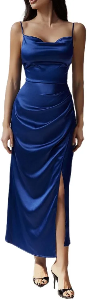 Women's Satin Slip Dress Cowl Neck Backless Bodycon Sexy Long Dresses Criss Cross Silk Party Club Evening Dress