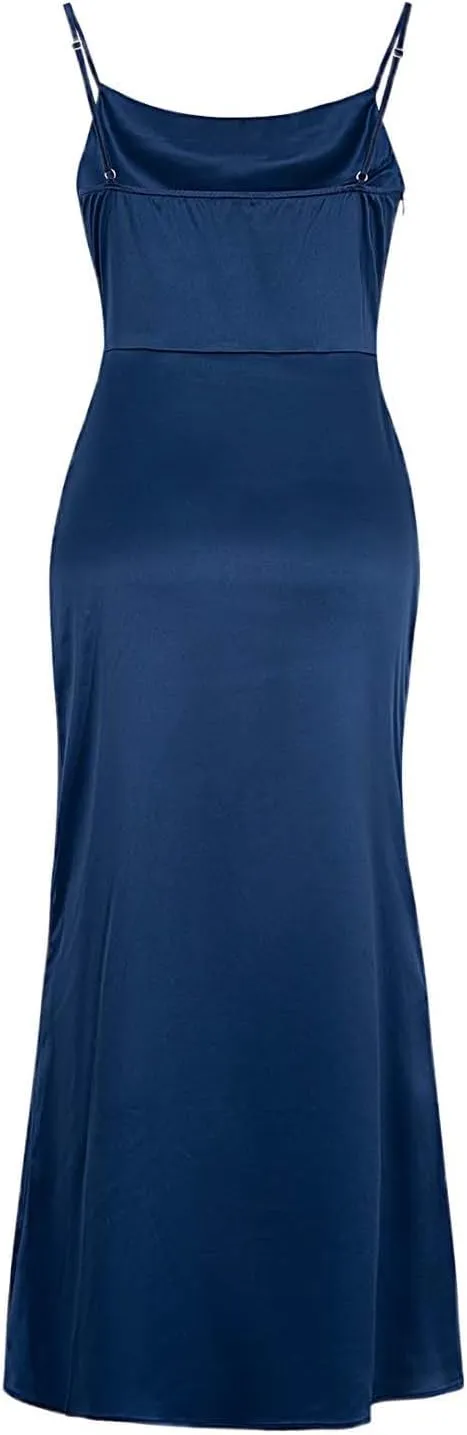 Women's Satin Slip Dress Cowl Neck Backless Bodycon Sexy Long Dresses Criss Cross Silk Party Club Evening Dress