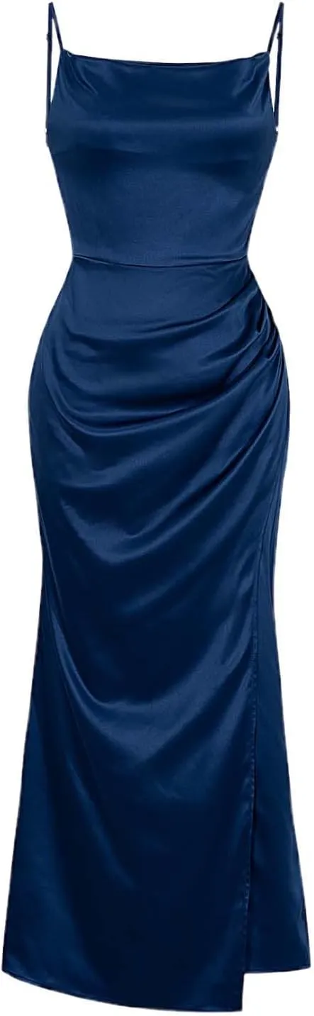 Women's Satin Slip Dress Cowl Neck Backless Bodycon Sexy Long Dresses Criss Cross Silk Party Club Evening Dress