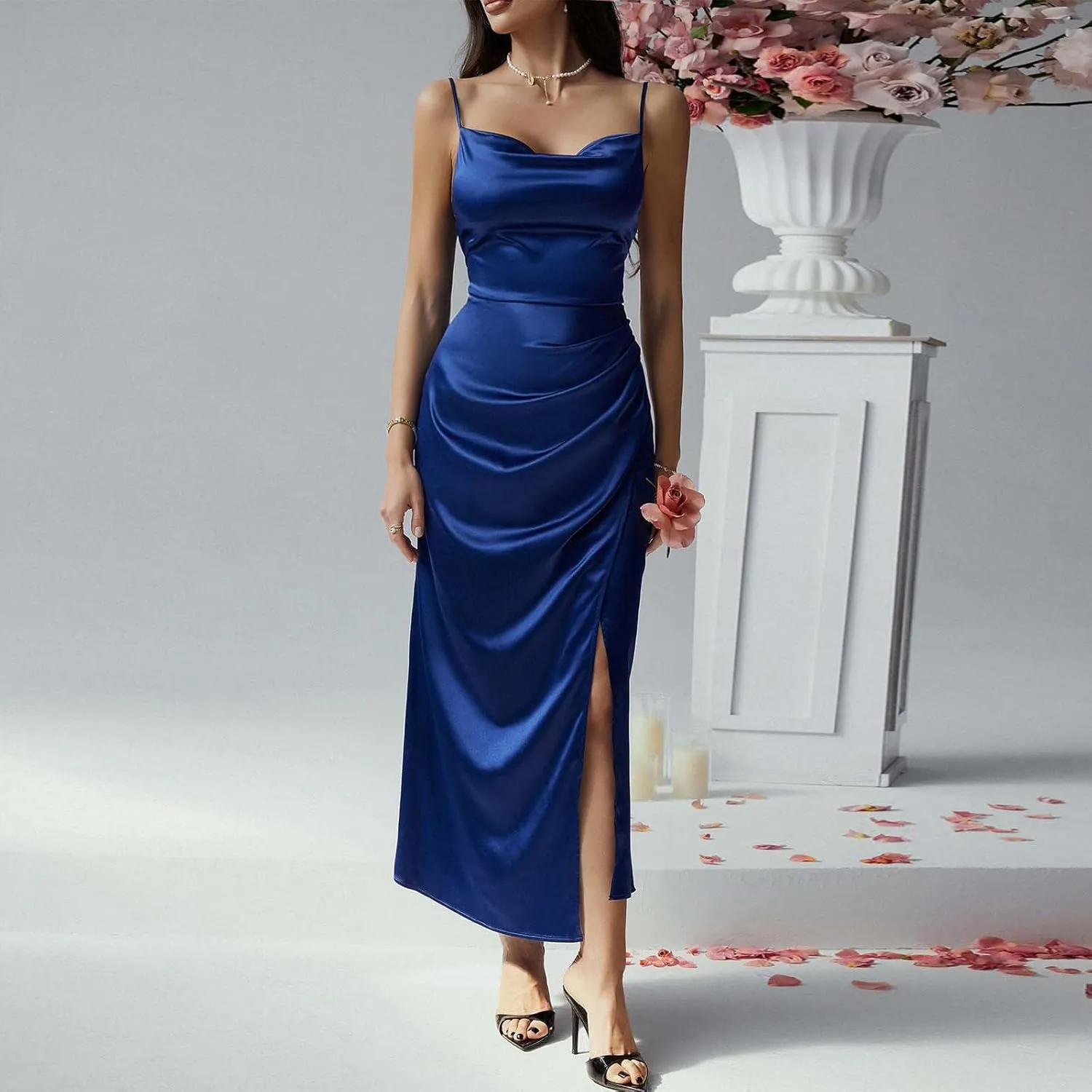 Women's Satin Slip Dress Cowl Neck Backless Bodycon Sexy Long Dresses Criss Cross Silk Party Club Evening Dress