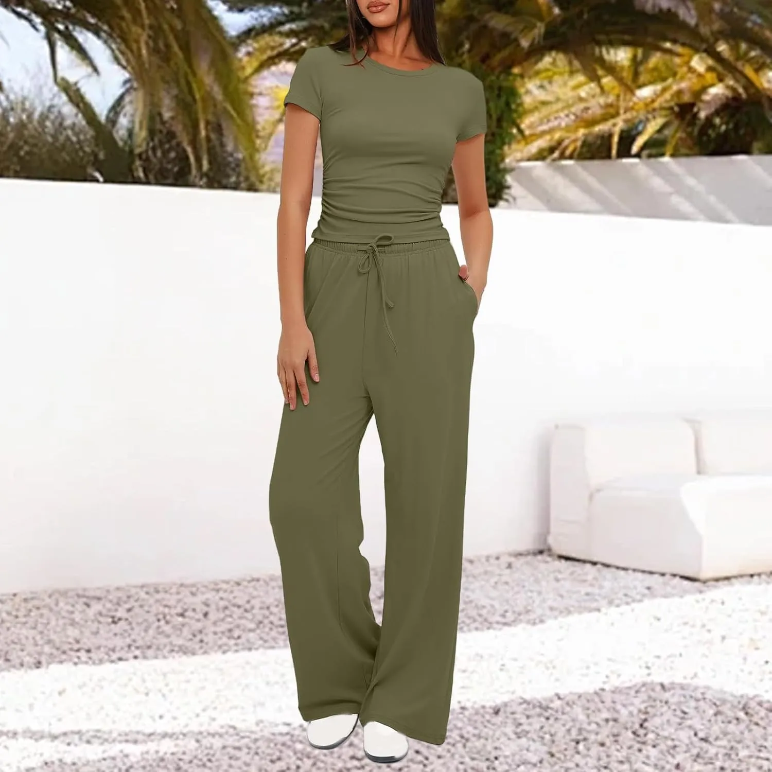 Womens Sets 2 Piece Outfits Summer Lounge Sets for Women Slim Short Sleeve Wide Leg Wide Leg Matching Set Tracksuits