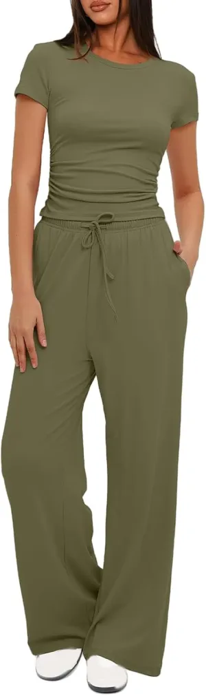 Womens Sets 2 Piece Outfits Summer Lounge Sets for Women Slim Short Sleeve Wide Leg Wide Leg Matching Set Tracksuits