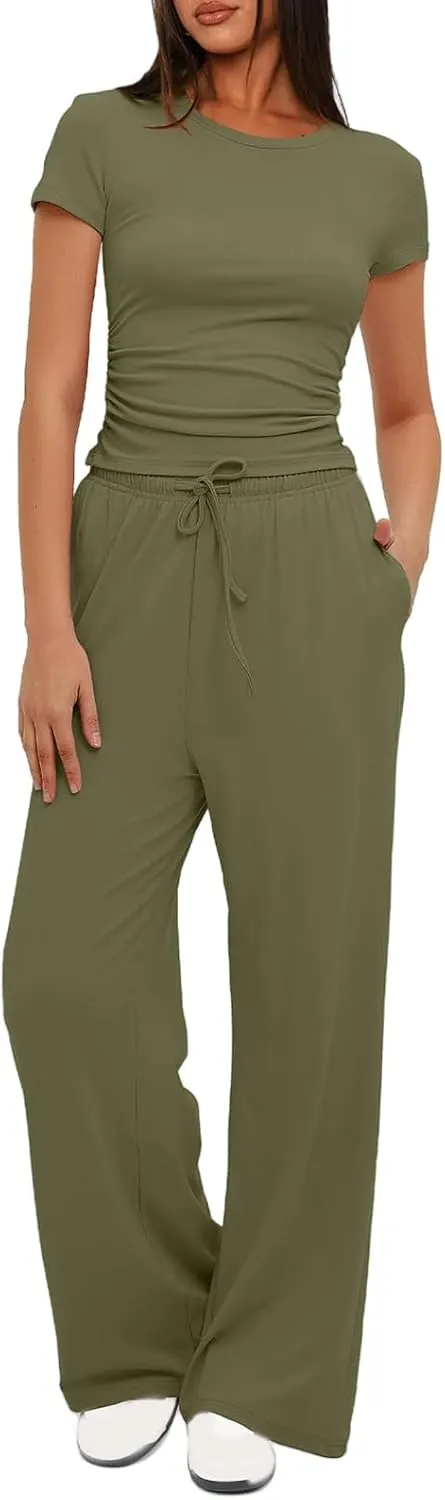 Womens Sets 2 Piece Outfits Summer Lounge Sets for Women Slim Short Sleeve Wide Leg Wide Leg Matching Set Tracksuits