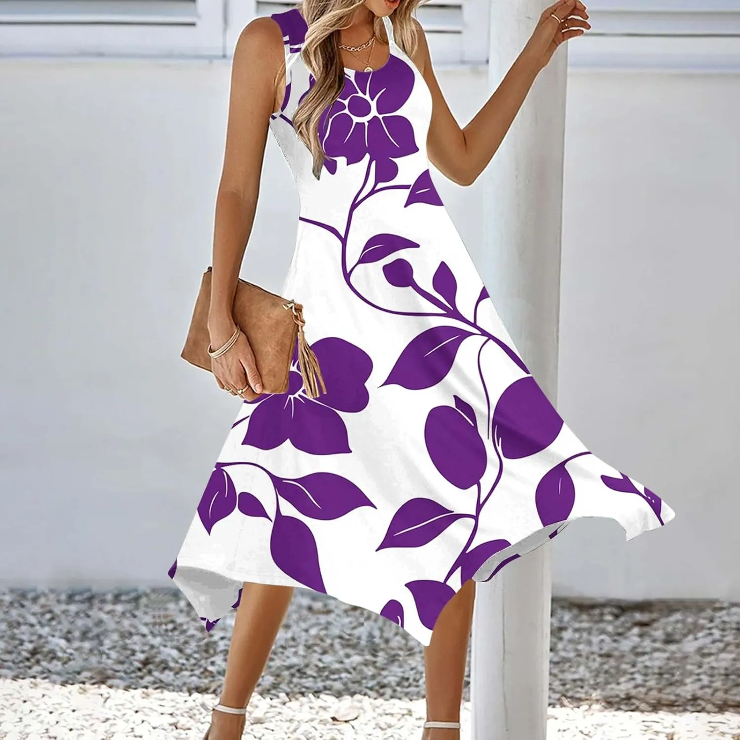 Women's Sexy Spaghetti Straps Midi Dresses Sleeveless Casual Sundress Floral Printed Flowy Beach Dress