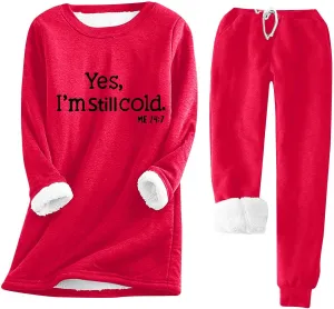 Womens Sherpa Fleece Sweatsuit Yes I'm Still Freezing Me Pajamas Loungewear Set Two Piece Sweatshirt Sweatpant