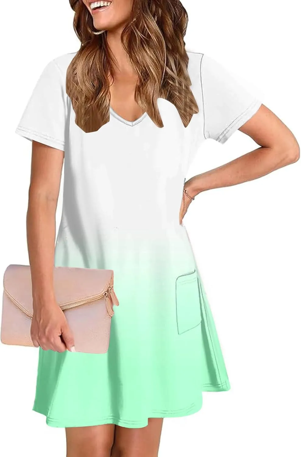 Womens Short Sleeve Casual Summer Dresses 2025 V Neck Shift Dress Loose Fit Flowy Short Dress