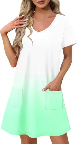 Womens Short Sleeve Casual Summer Dresses 2025 V Neck Shift Dress Loose Fit Flowy Short Dress