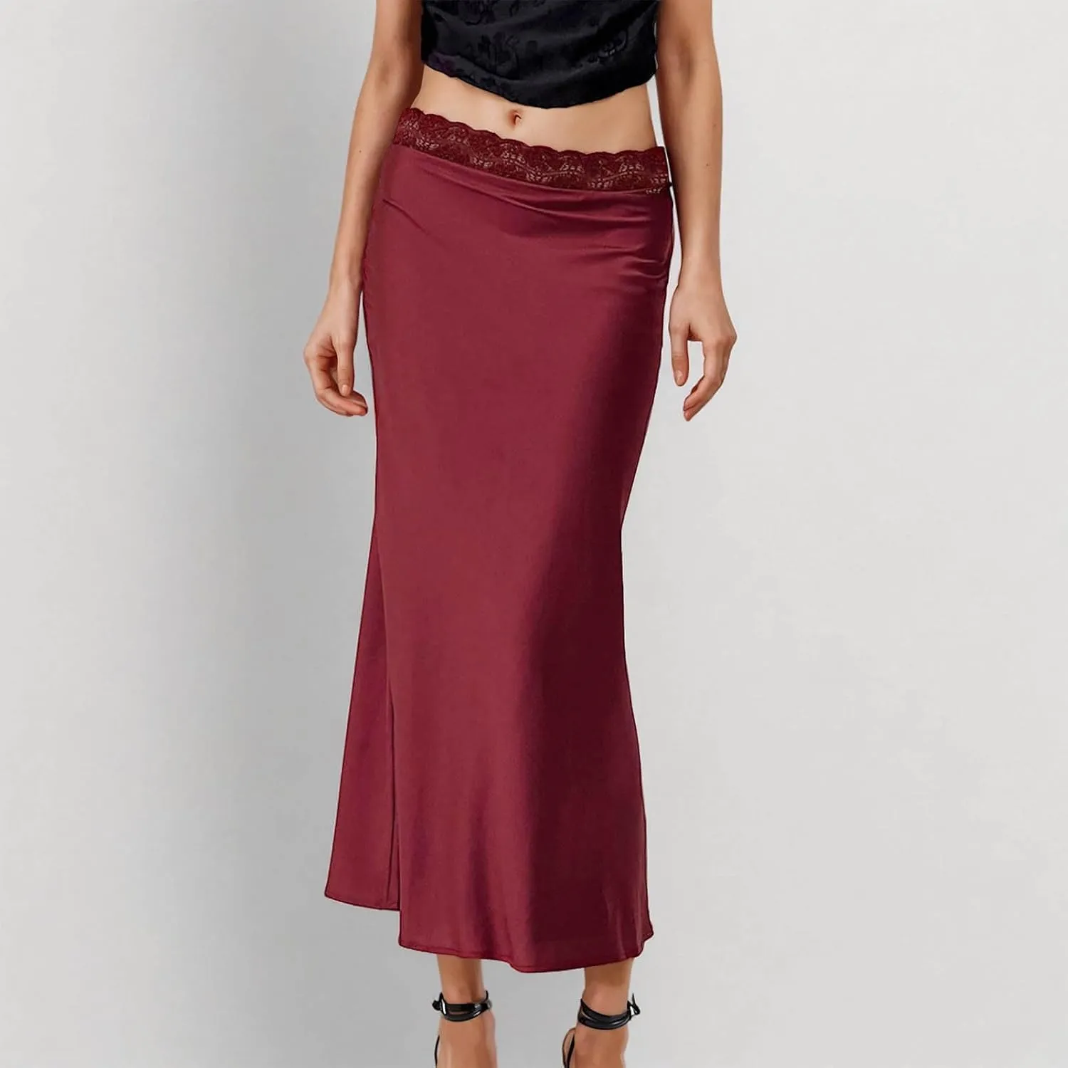 Women's Silk Satin Maxi Skirts Lace Midi Waist A Line Bodycon Long Skirt