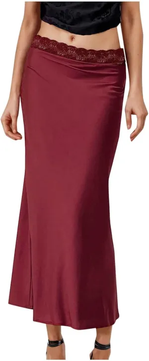 Women's Silk Satin Maxi Skirts Lace Midi Waist A Line Bodycon Long Skirt