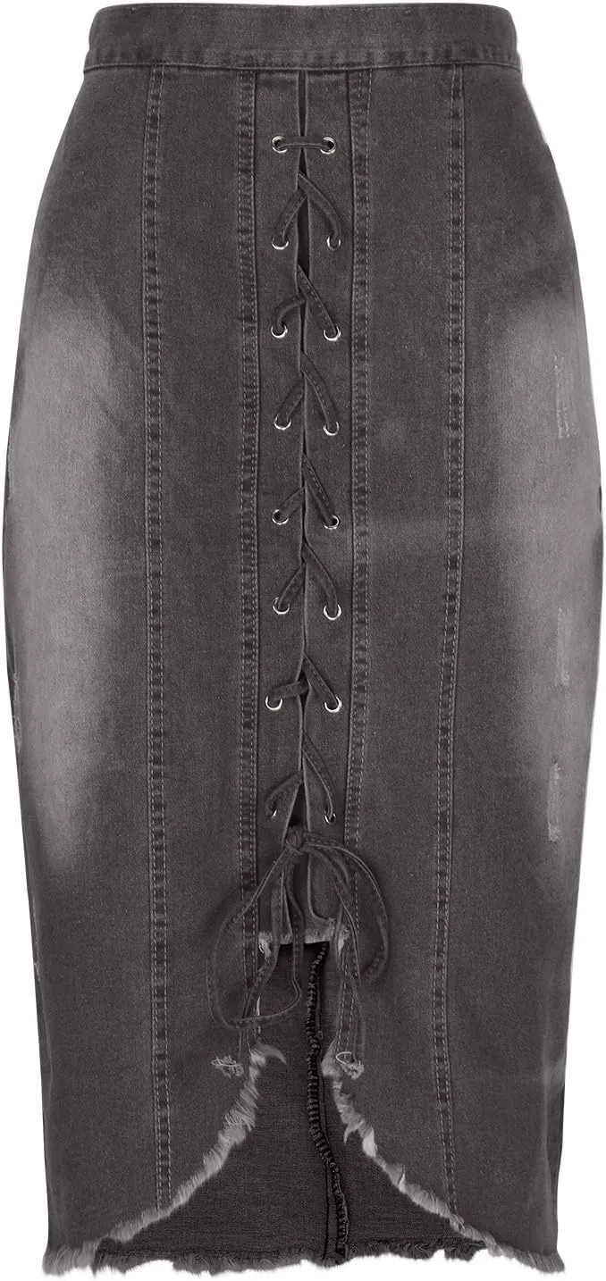 Women's Skirt Denim Skirt Summer Trendy Laceup Slit Front Bodycon Jean Skirts Casual High Waisted Slim Pencil Skirt