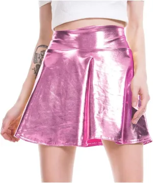 Women's Skirts Fashion Ladys Leather Skirt Women's Casual Fashion Shiny Flared Pleated A-Line Mini Skirt Jean