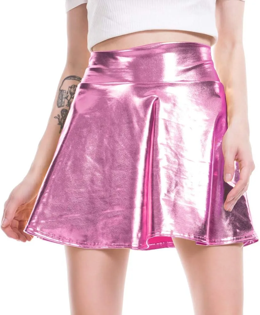 Women's Skirts Fashion Ladys Leather Skirt Women's Casual Fashion Shiny Flared Pleated A-Line Mini Skirt Jean