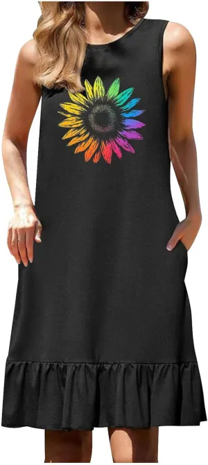 Womens Sleeveless Shirt Dresses 2025 Floral Printed Casual Loose Fit Short Dress Flowy Shift Dresses