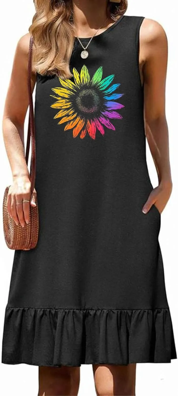 Womens Sleeveless Shirt Dresses 2025 Floral Printed Casual Loose Fit Short Dress Flowy Shift Dresses
