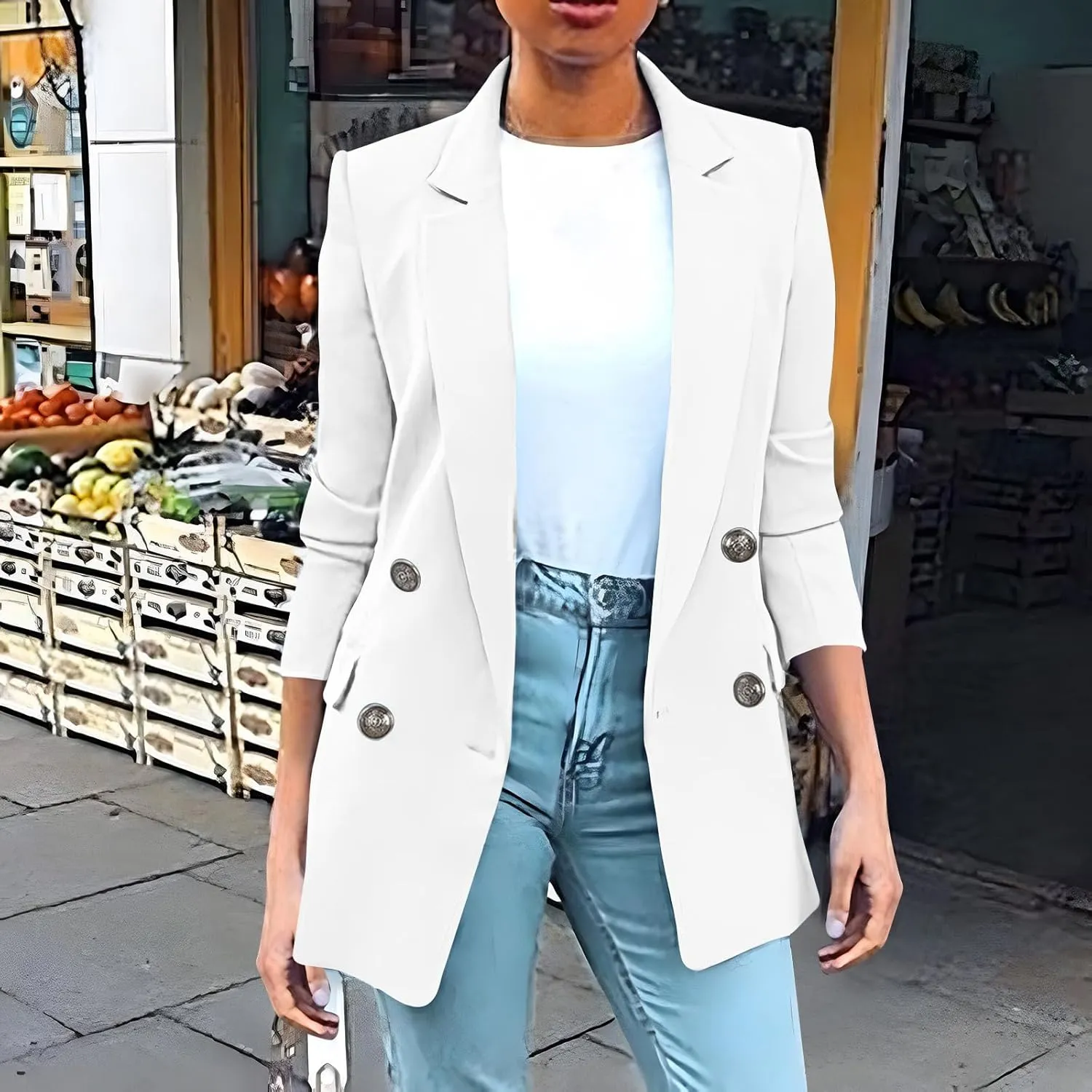 Womens Solid Long Sleeve Lapel Blazers Open Front Business Casual Tailored Jackets with Pockets Office Work Suit Coat