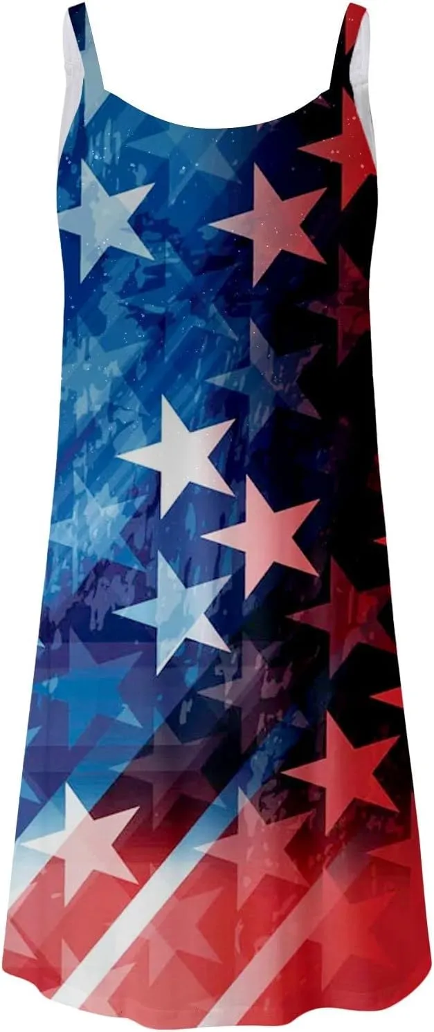 Womens Spaghetti Strap Dress Independence Day Printed Loose Casual Strap Skirt Summer Dresses for Women 2025