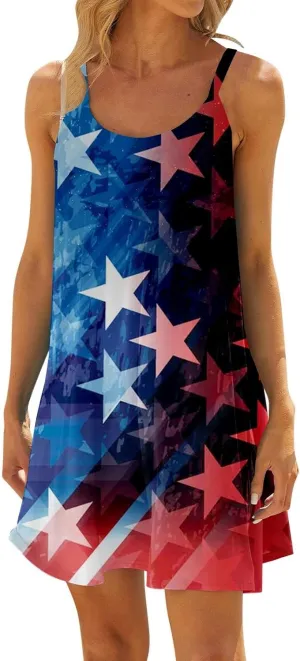 Womens Spaghetti Strap Dress Independence Day Printed Loose Casual Strap Skirt Summer Dresses for Women 2025