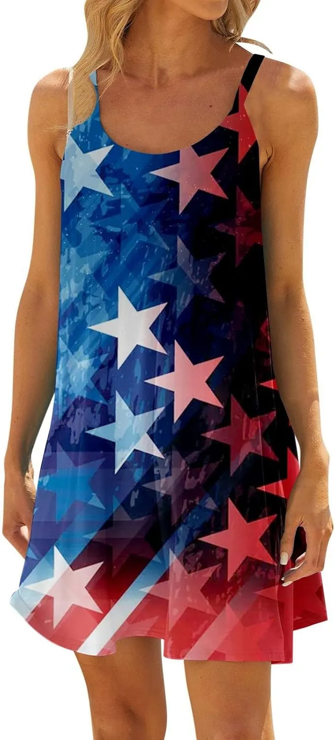Womens Spaghetti Strap Dress Independence Day Printed Loose Casual Strap Skirt Summer Dresses for Women 2025