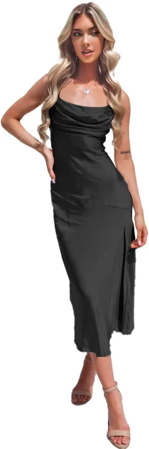 Women's Spaghetti Strap Midi Satin Silk Bridesmaid Dresses Slip Cowl Neck Party Cocktail Evening Dress 2024 NO54