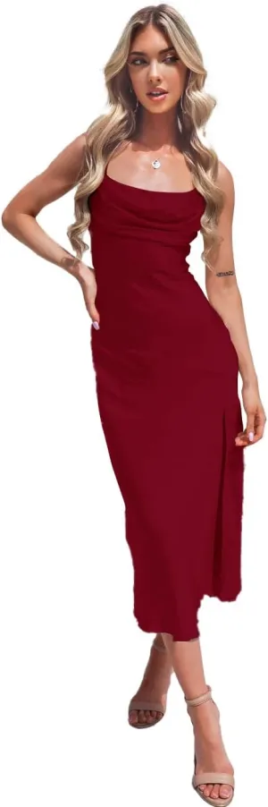 Women's Spaghetti Strap Midi Satin Silk Bridesmaid Dresses Slip Cowl Neck Party Cocktail Evening Dress 2024 NO54