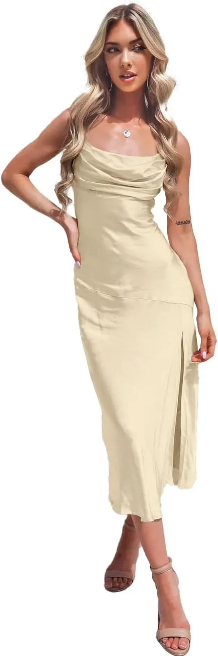 Women's Spaghetti Strap Midi Satin Silk Bridesmaid Dresses Slip Cowl Neck Party Cocktail Evening Dress 2024 NO54