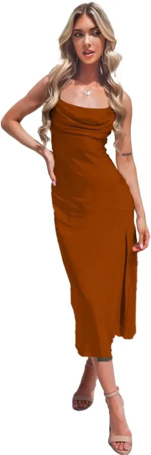 Women's Spaghetti Strap Midi Satin Silk Bridesmaid Dresses Slip Cowl Neck Party Cocktail Evening Dress 2024 NO54