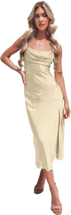 Women's Spaghetti Strap Midi Satin Silk Bridesmaid Dresses Slip Cowl Neck Party Cocktail Evening Dress 2024 NO54