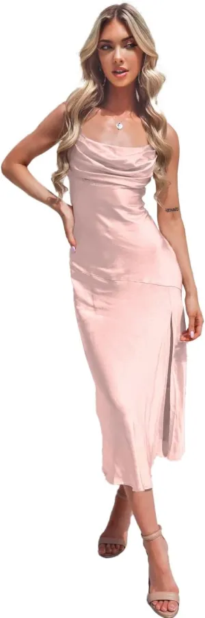 Women's Spaghetti Strap Midi Satin Silk Bridesmaid Dresses Slip Cowl Neck Party Cocktail Evening Dress 2024 NO54