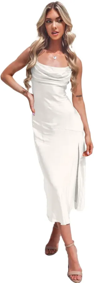 Women's Spaghetti Strap Midi Satin Silk Bridesmaid Dresses Slip Cowl Neck Party Cocktail Evening Dress 2024 NO54