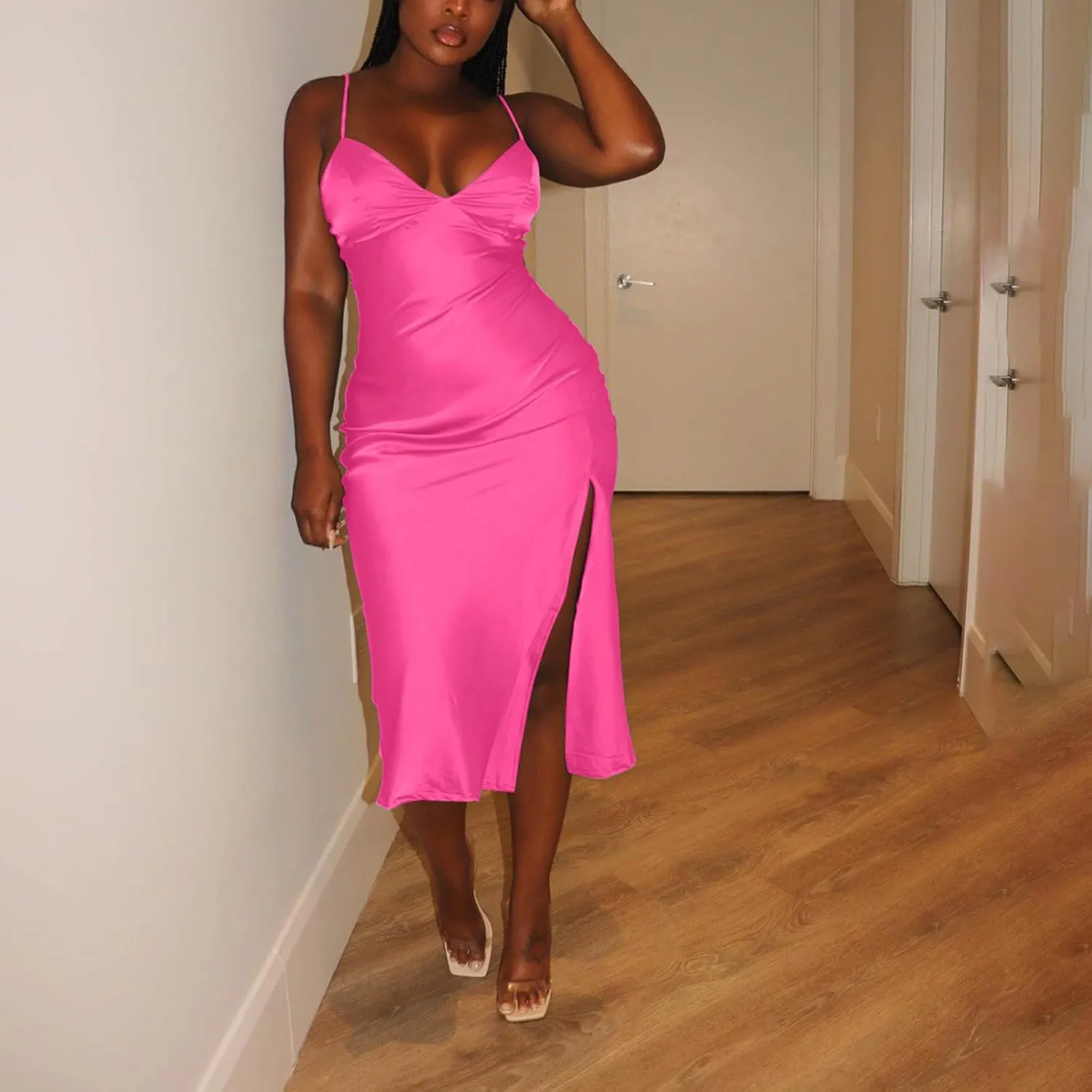 Women's Spaghetti Strap Midi Satin Silk Dresses Slip Sexy Deep V-Neck Sleeveless Party Cocktail Evening Dress